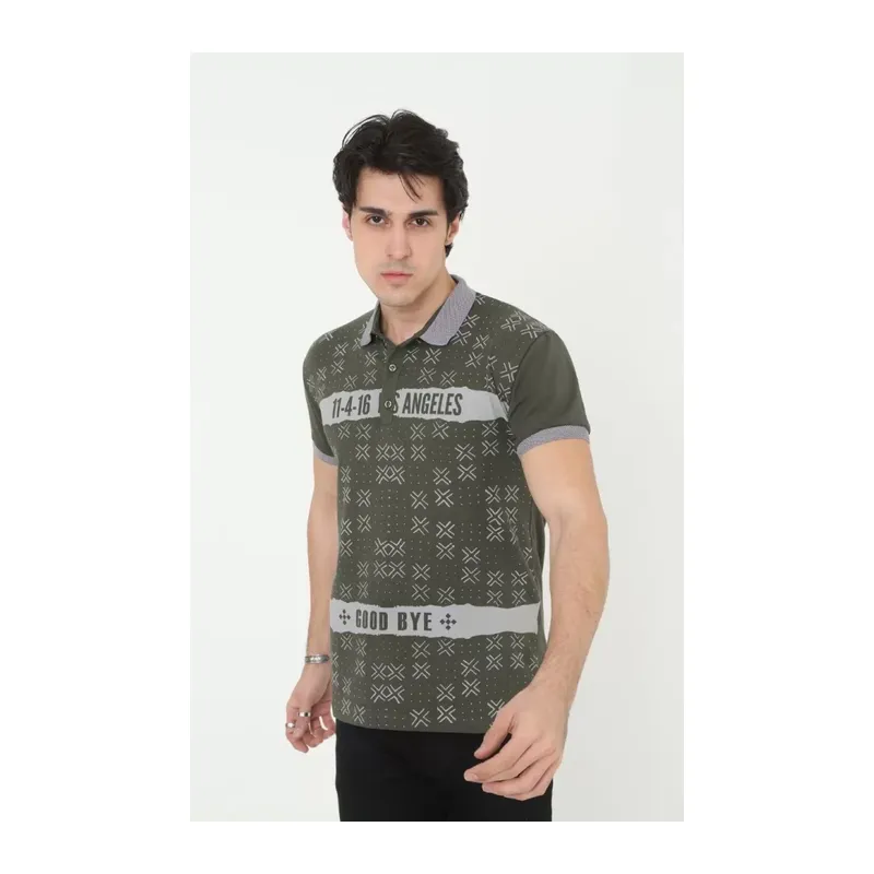 Erkek Yakalı Slim Fit Baskılı T-Shirt - Haki