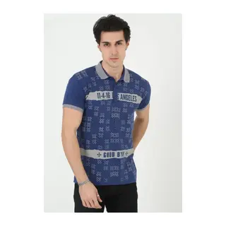 Erkek Yakalı Slim Fit Baskılı T-Shirt - Mavi