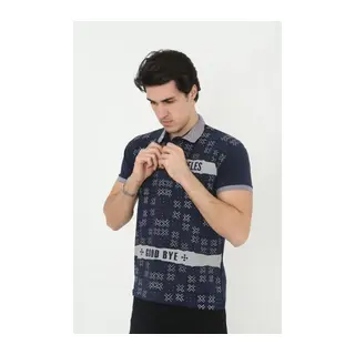 Erkek Yakalı Slim Fit Baskılı T-Shirt - Lacivert
