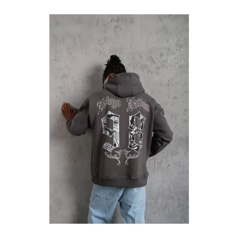 Erkek 98 Baskılı Kapşonlu Sweat - Gri