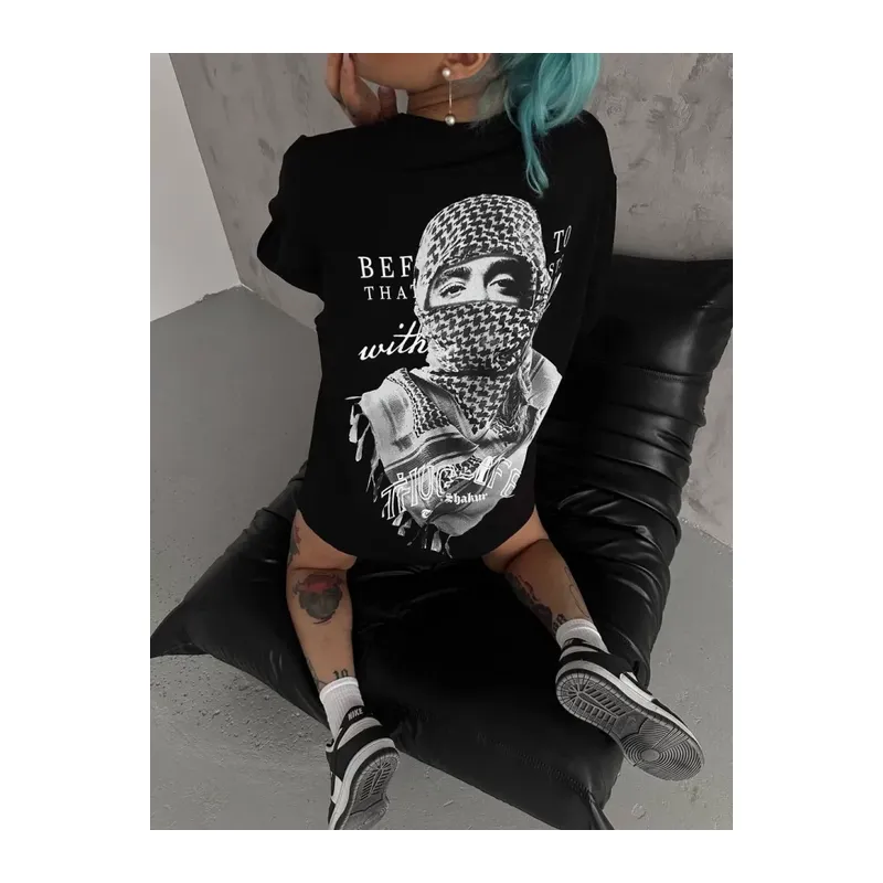 Unisex Baskılı Oversize T-Shirt - Siyah