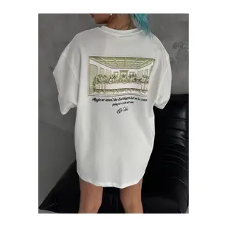 Unisex Baskılı Oversize T-Shirt - Beyaz