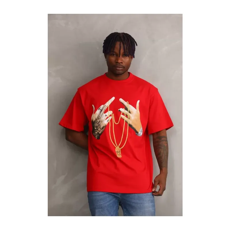 Unisex Baskılı Oversize T-Shirt - Kırmızı
