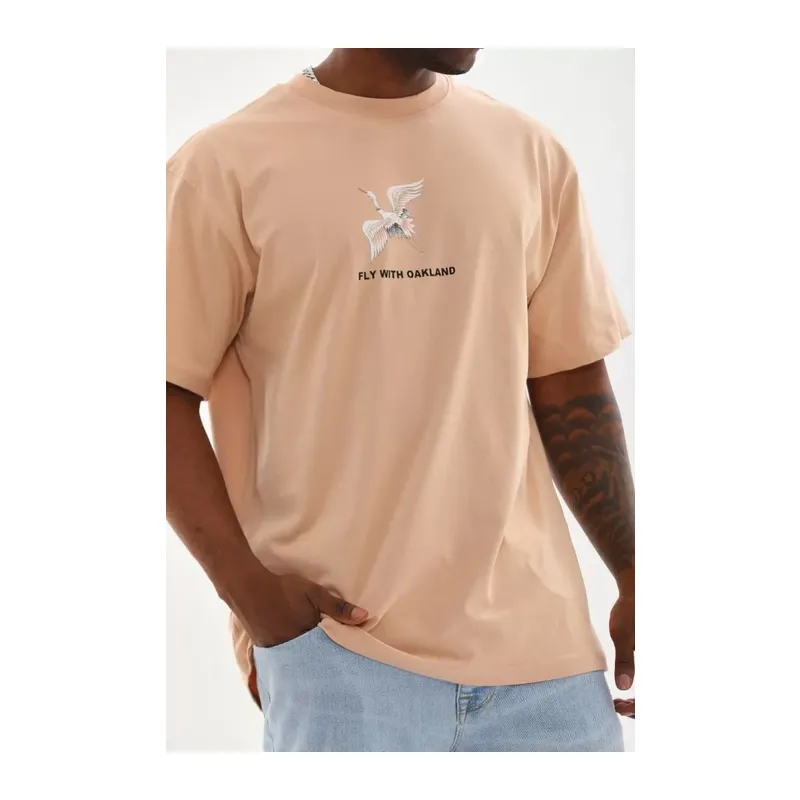 Unisex Baskılı Oversize T-Shirt - Bej