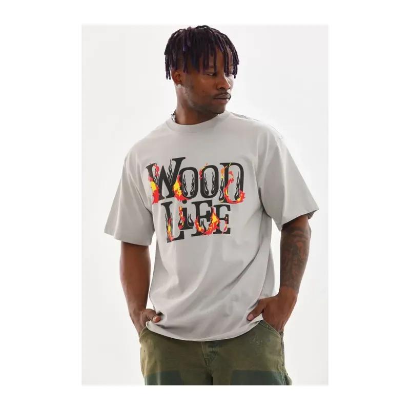 Unisex Baskılı Oversize T-Shirt - Gri