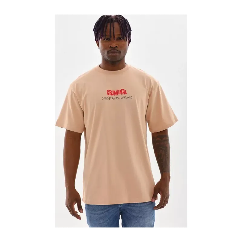 Unisex Baskılı Oversize T-Shirt - Bej