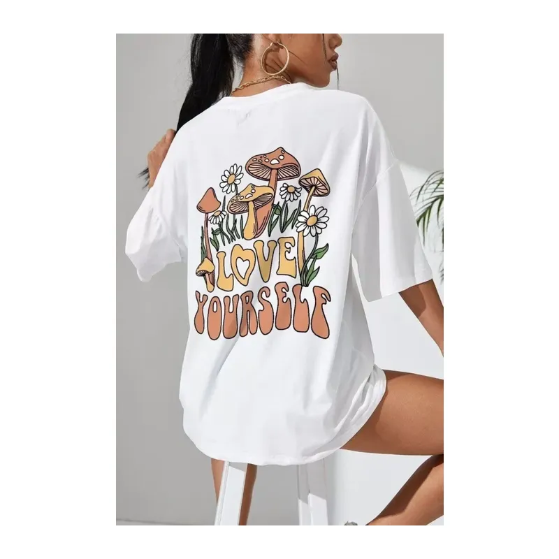 Unisex Baskılı Oversize T-Shirt - Beyaz
