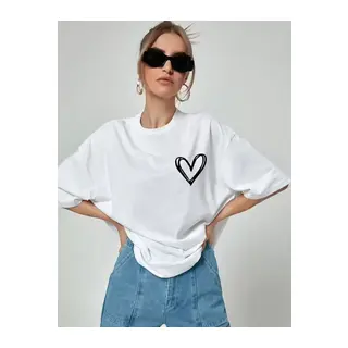Unisex Baskılı Oversize T-Shirt - Beyaz