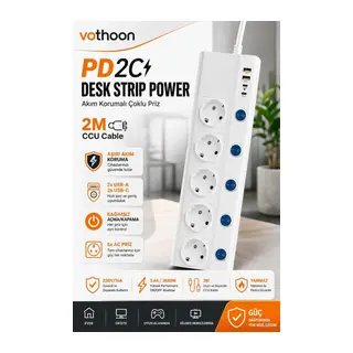 5’li Akım Korumalı Çoklu Priz 2 Metre Kablolu 3680w 16a 5 Anahtarlı 2usb-a 2 Usb-c Pd 20w Hızlı Ftr-28