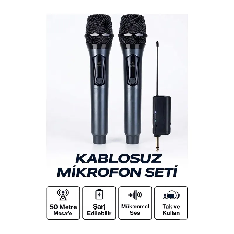 Profesyonel Çiftli Kablosuz Mikrofon Seti Karaoke Şarj Edilebilir 50 Metre