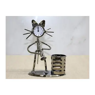 Metal Saksafon Çalan Kedi Müzisyen Saat Ve Kalemlik Alk4346