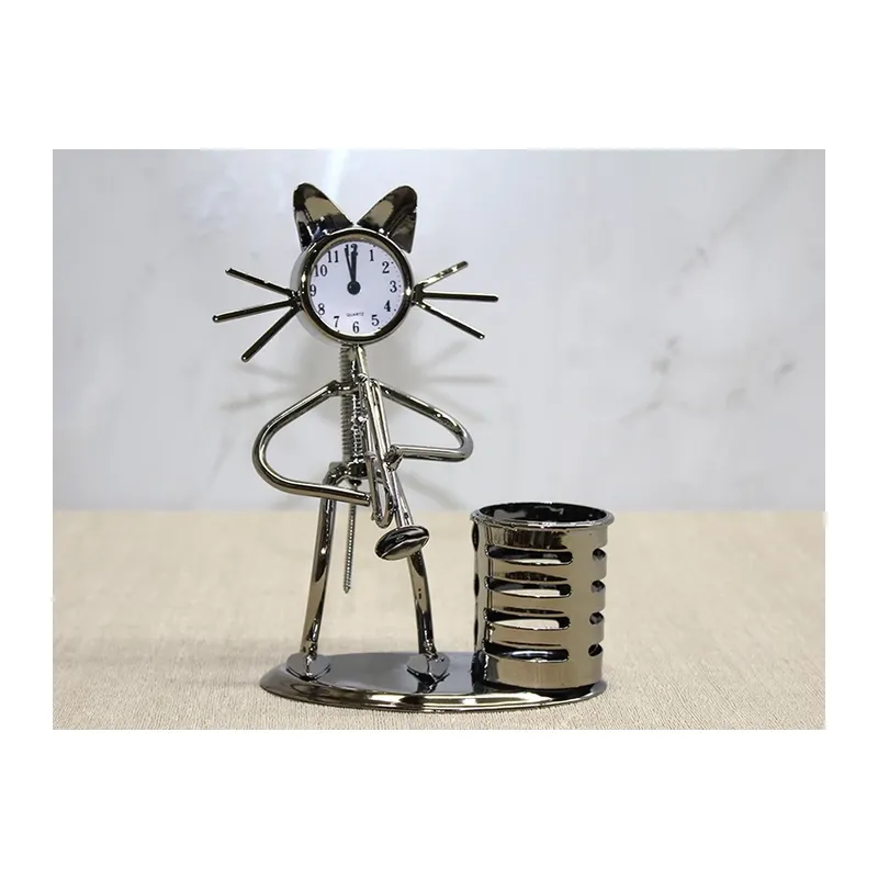 Metal Saksafon Çalan Kedi Müzisyen Saat Ve Kalemlik Alk4346
