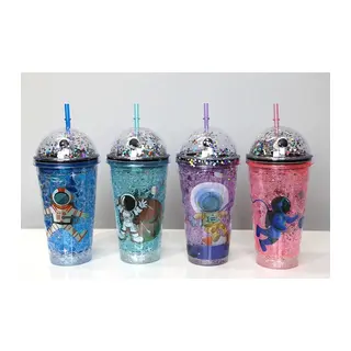 Sevimli Astronot Işıklı Pipetli Pullu Suluk & Bardak 400 Ml Alk3148