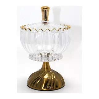 Metal Ayaklı Kristal Cam Şekerlik Gold Detaylı Sunumluk Alk4871