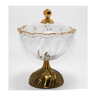 Metal Ayaklı Kristal Cam Şekerlik Gold Detaylı Sunumluk Alk4872