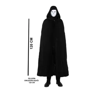 Siyah Kapüşonlu 120 Cm Pelerin Ve Beyaz Boyanabilir Tam Yüz Maske