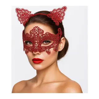Romantik Kırmızı Dantel Maske Seti – Kedi Kulaklı Taç Ve Maske 3 No