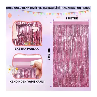 Rose Gold Renk Ekstra Metalize Parlak Saçaklı Arka Fon Perde İthal A Kalite 1x2 Metre