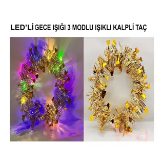 Kalp Püsküllü Gece Parıltısı 3 Modlu Led39li Işıklı Taç Altın Renk