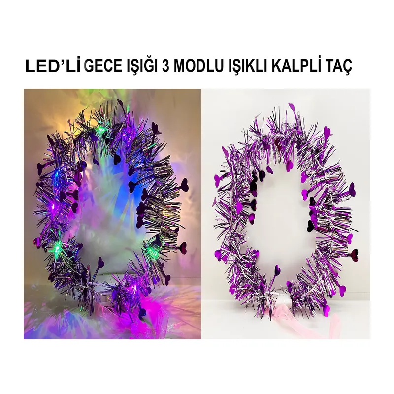 Kalp Püsküllü Gece Parıltısı 3 Modlu Led39li Işıklı Taç Mor Renk