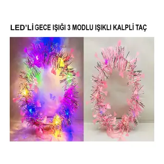 Kalp Püsküllü Gece Parıltısı 3 Modlu Led39li Işıklı Taç Pembe Renk