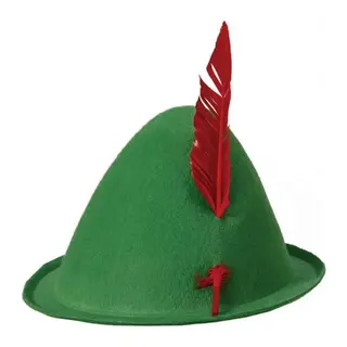 Yeşil Renk Kırmızı Tüylü Peter Pan Şapkası Robin Hood Şapkası 24x23 Cm