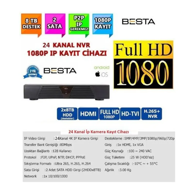 24 Kanal Ip Kamera Kayıt Cihazı 1080P NVR ESEECLOUD 2MP