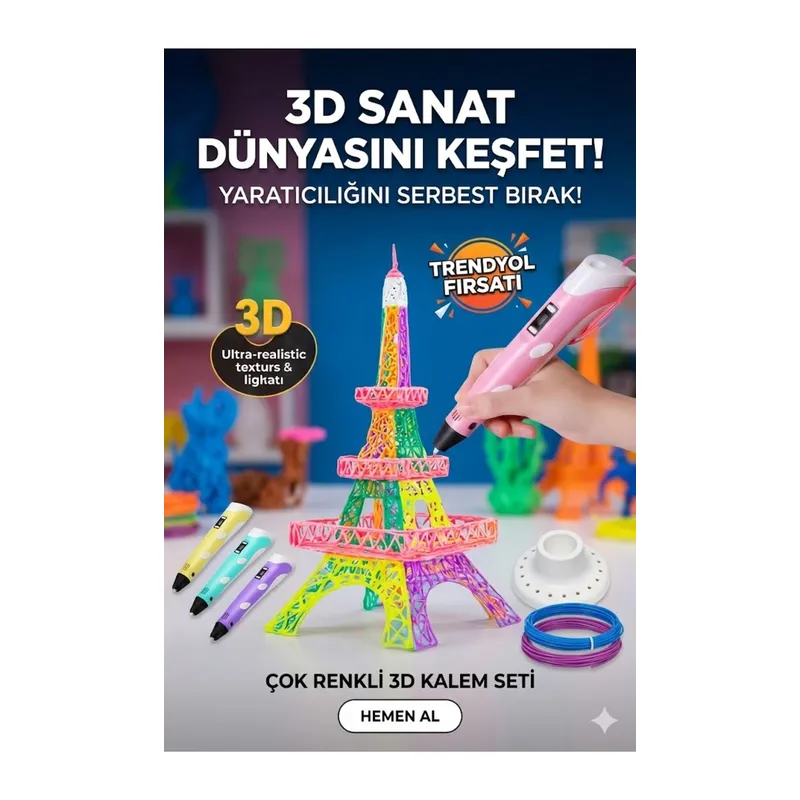 3D Kalem Seti (PEMBE) Dijital Göstergeli + 3 Renk Filament Hediyeli Eğitici Yazıcı ABS/PLA Uyumlu