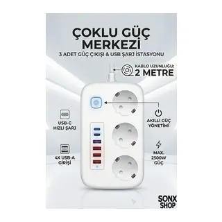 2500W Çoklu Priz 2 METRE – 3’lü AC Priz +5 USB Çıkışı AKIM KORUMALI Alev Almayan Gövde,