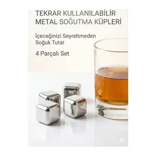 Paslanmaz Çelik Buz Küpü 4’lü Set – İçeceği Sulandırmadan Soğutucu Metal Taş