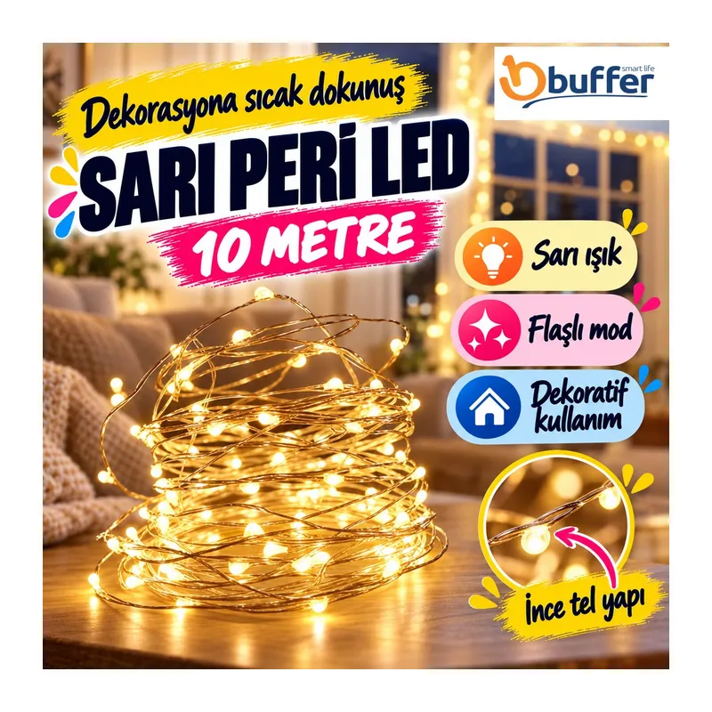 Sarı Peri LED Flaşlı Işık – 10 Metre Dekoratif Oda ve Organizasyon Aydınlatması