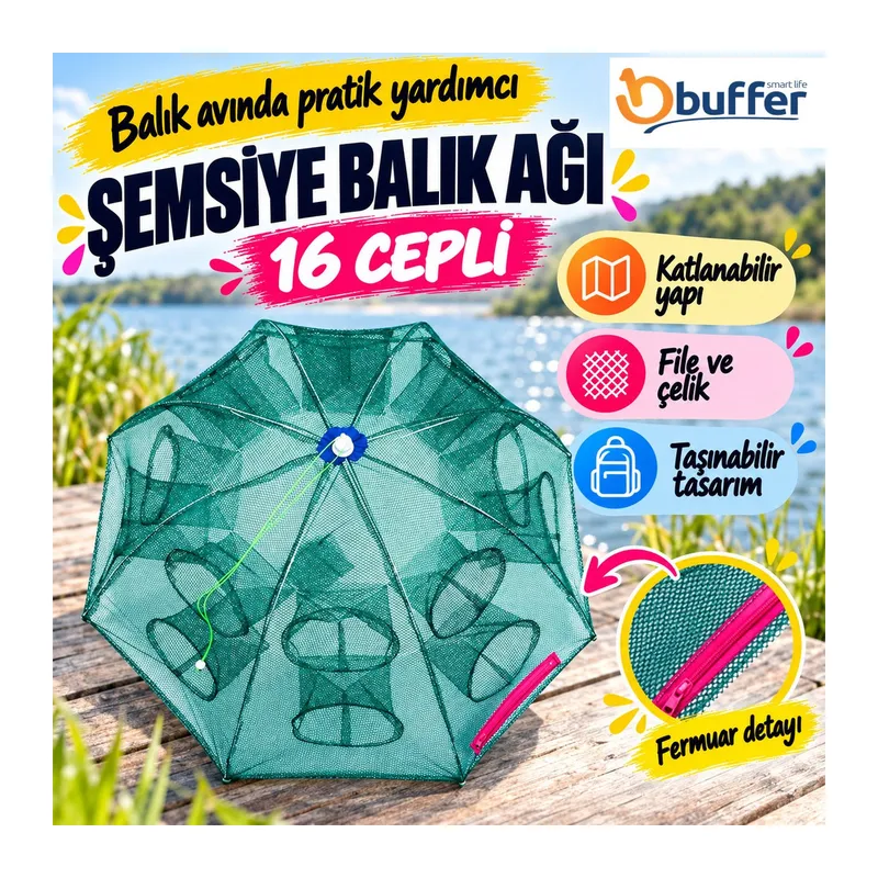 TrdStore® Şemsiye Balık Ağı Yakalama Tutma Filesi 16 Cepli Büyük Boy Taşınabilir Serpme Balık Tuzağı