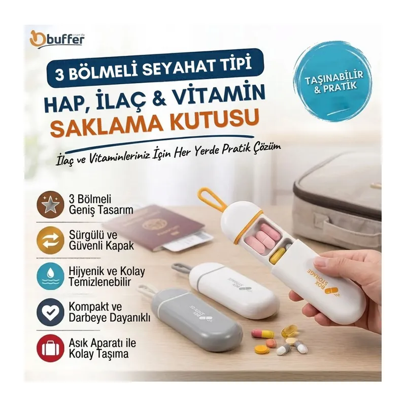 TrdStore® 3 Bölmeli Taşınabilir Seyahat Tipi Hap Saklama Kutusu Saklama Kutusu