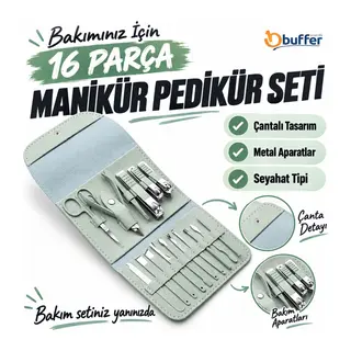 BUFFER® Çantalı Seyahat Tipi 16 Parça Manikür Pedikür Seti