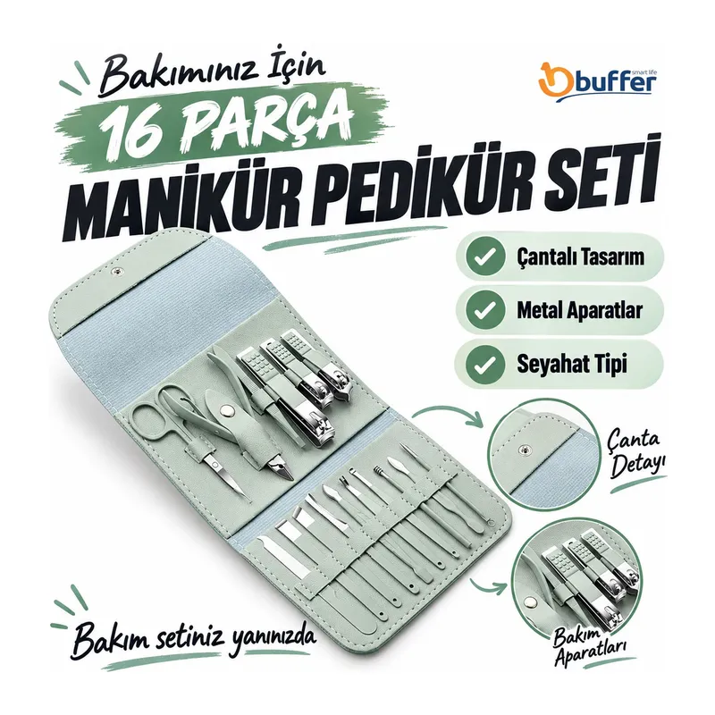 BUFFER® Çantalı Seyahat Tipi 16 Parça Manikür Pedikür Seti