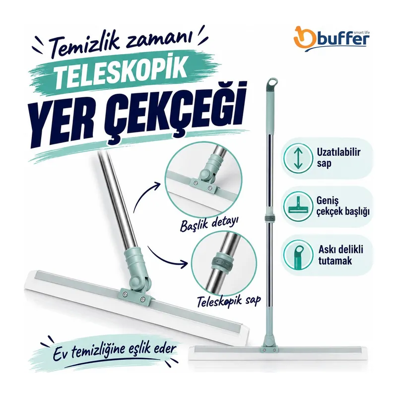 BUFFER® Teleskopik Oynar Başlıklı Cam,Zemin Silme Aparatı Çekçek