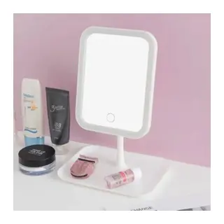 BUFFER® Dokunmatik LED Işıklı Kare Makyaj Aynası – Altı Organizer Kaseli, Ayarlanabilir Aydınlatmalı Masaüstü Makyaj ve Cilt Bakım Aynası