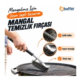 BUFFER® Mangal Izgara Temizleme Fırçası – Paslanmaz Çelik Telli, Uzun Saplı Grill Temizlik Aparatı Mangal Temizlik Fırçası