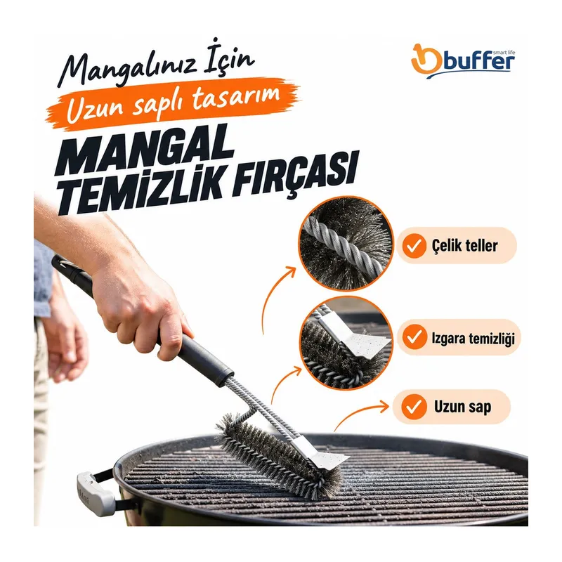 TrdStore® Mangal Izgara Temizleme Fırçası – Paslanmaz Çelik Telli, Uzun Saplı Grill Temizlik Aparatı Mangal Temizlik Fırçası