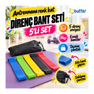BUFFER® 5'li Egzersiz Direnç Bant Seti – Pilates, Fitness ve Crossfit Lastiği (Taşıma Çantalı)
