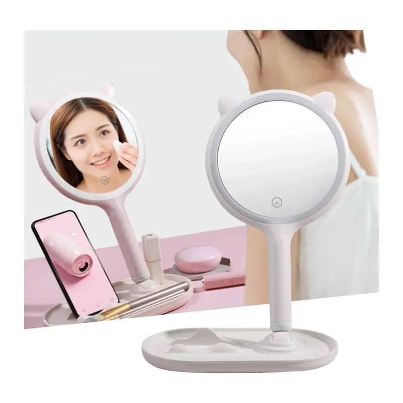 BUFFER® Kedi Kulaklı Telefon Standlı Yuvarlak Dokunmatik Led Ayarlı Masa Üstü Makyaj Aynası
