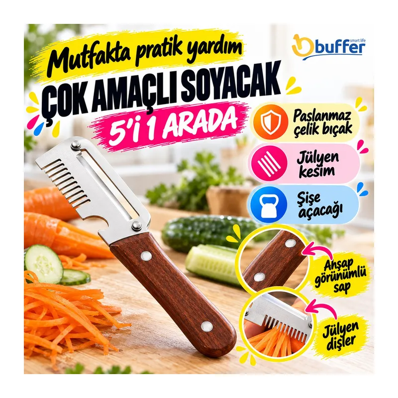 TrdStore® 5'i 1 Arada Çok Fonksiyonlu Sebze ve Patates Soyucu, Paslanmaz Çelik Bıçaklı, Ahşap Görünümlü Saplı Mutfak Jülyen Soyacak, Şişe Açacağı