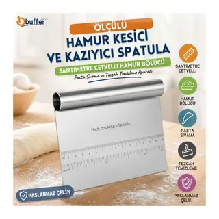BUFFER® Paslanmaz Çelik Ölçülü Hamur Kesici ve Kazıyıcı Spatula, Santimetre ve İnç Cetvelli Hamur Bölücü, Pasta Sıvama ve Tezgah Temizleme Aparatı