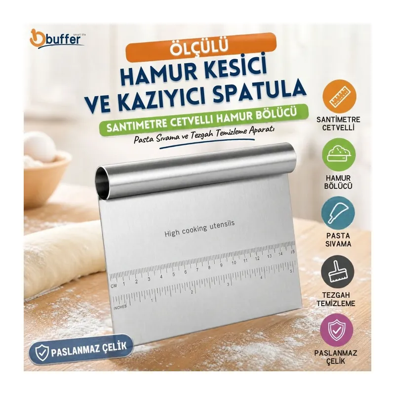 TrdStore® Paslanmaz Çelik Ölçülü Hamur Kesici ve Kazıyıcı Spatula, Santimetre ve İnç Cetvelli Hamur Bölücü, Pasta Sıvama ve Tezgah Temizleme Aparatı
