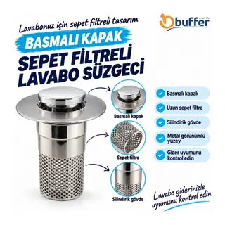 BUFFER Sepet Filtreli Basmalı Lavabo Gider Süzgeci, Uzun Silindirik Filtreli Lavabo Tıpası, Saç ve Kalıntı Toplayıcı Gider Filtresi