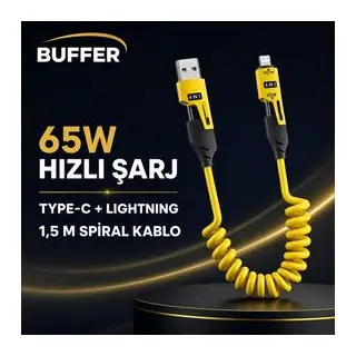 BUFFER® 4'ü 1 Arada Esnek Spiral Hızlı Şarj Kablosu, Araç İçi Yaylı Kablo, Type-C ve Lightning Uyumlu Çoklu Şarj Kablosu