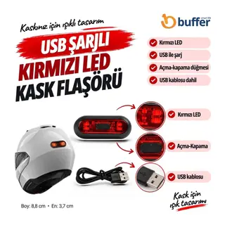 BUFFER USB Şarjlı Kırmızı LED Kask Flaşörü, Açma Kapama Düğmeli Siyah Oval Gövde, USB Kablolu 8,8 x 3,7 cm Kask Aydınlatma Işığı