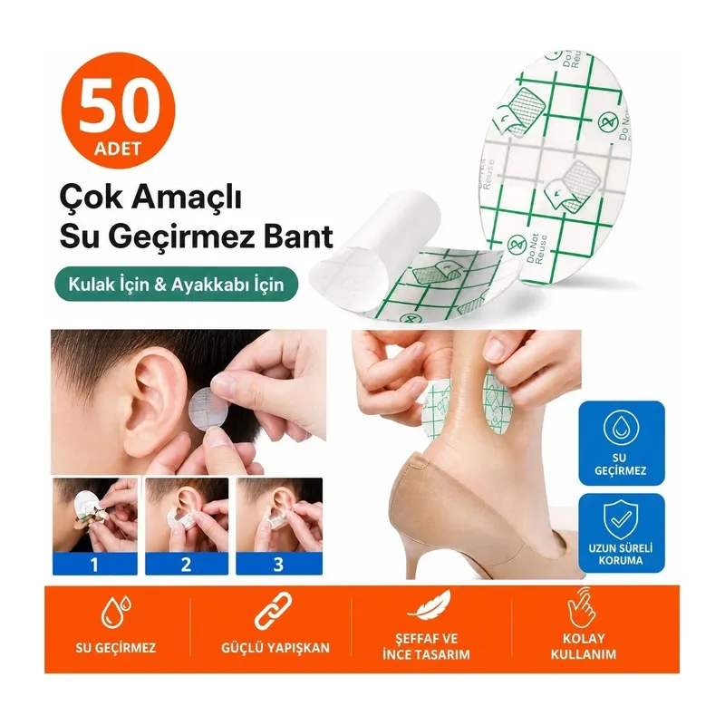 BUFFER® 50 Adet Su Geçirmez Kulak Bandı ve Ayakkabı Vurma Önleyici Bant Seti, Çok Amaçlı Koruyucu Yapışkan Bant