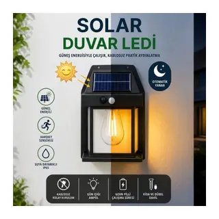 BUFFER® Ampul Model 3 Modlu Solar LED Duvar Lambası, Güneş Enerjili, Şarjlı Kablosuz Dış Mekân Apliği, Bahçe ve Kapı Lambası