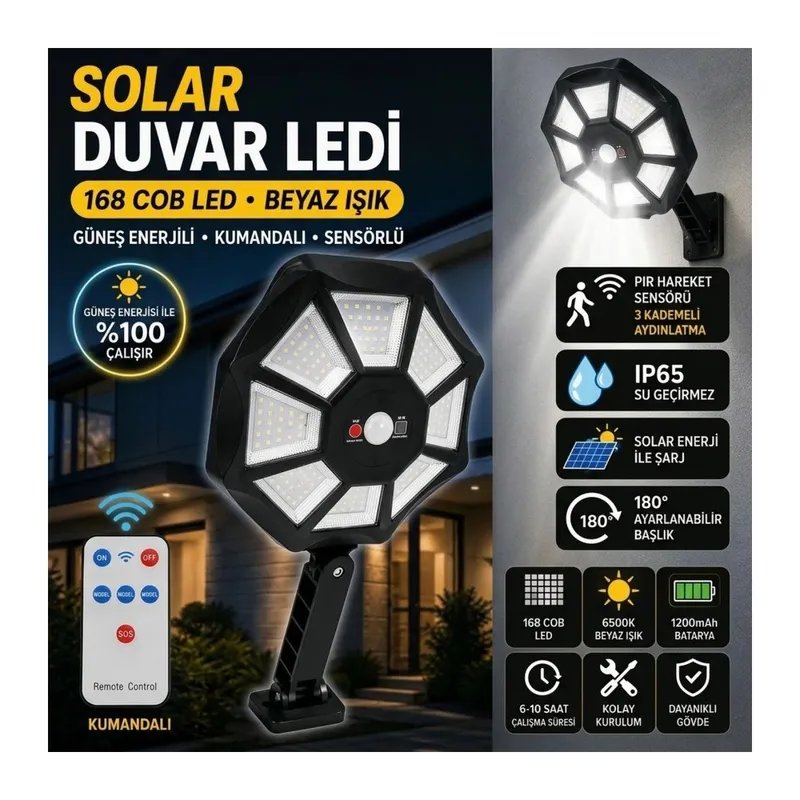TrdStore® 168B Solar LED Büyük Dış Mekân Lambası, Hareket Sensörlü, Kumandalı, 3 Modlu Ultra Parlak COB Işık, Su Geçirmez Kablosuz Duvar Apliği